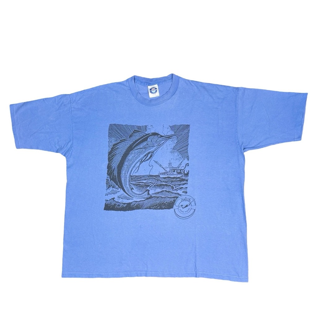 Vintage Jantzen Marlin Fishing Graphic T Shirt USA Single Stitch One Size Blue